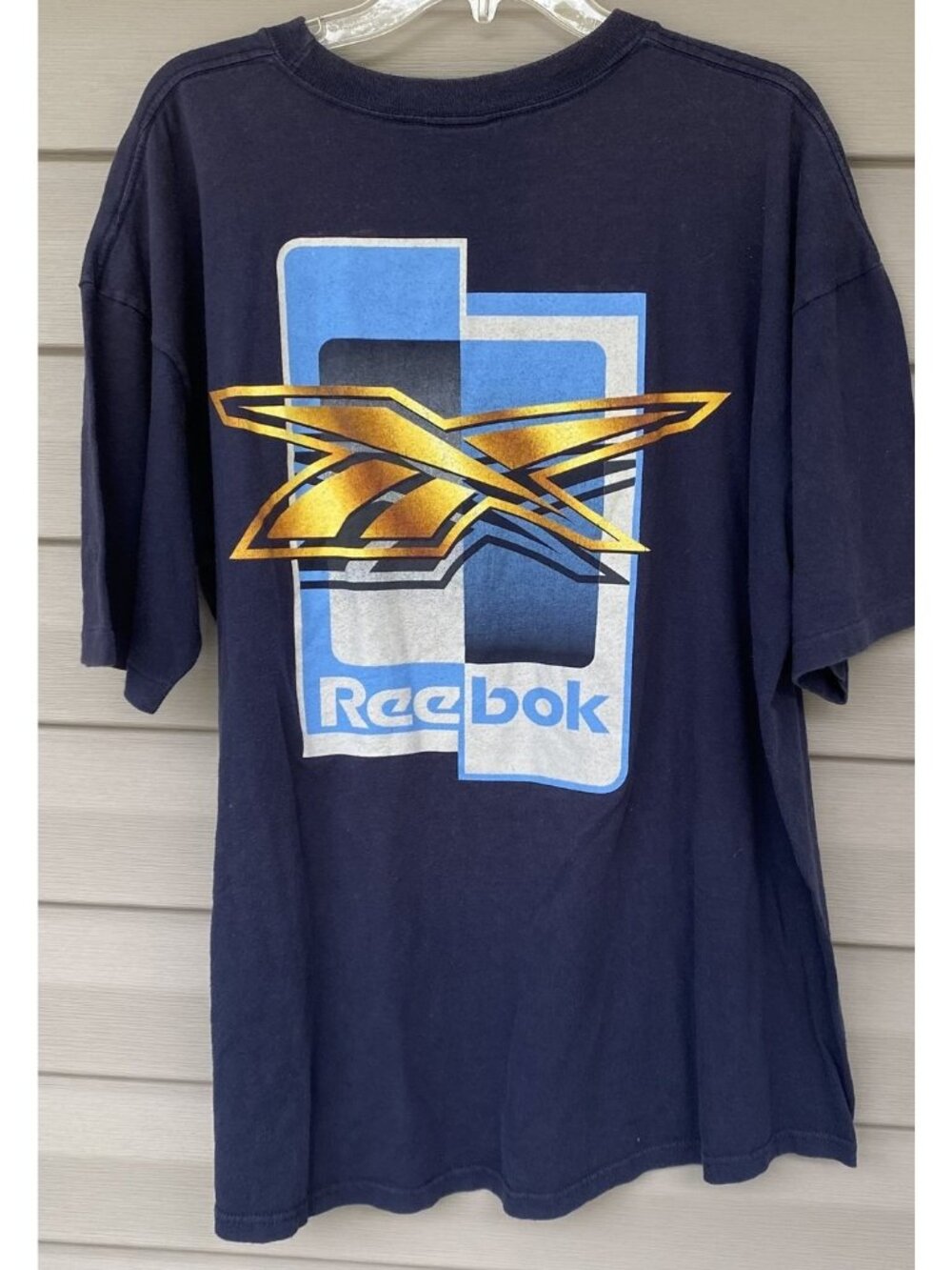 Vintage Reebok T Shirt Mens Back Graphic Spellout Logo Blue XL